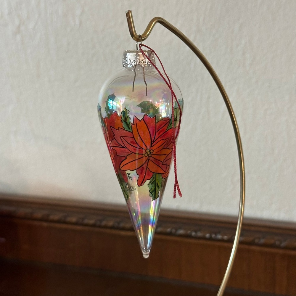 Inside Art Poinsettia Teardrop Christmas Ornament 4.5" Iridescent Glass Floral